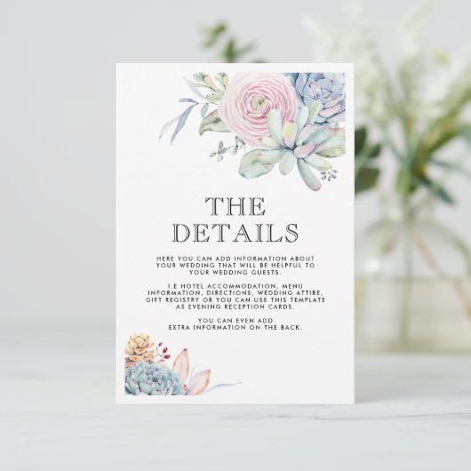 Waterverf Succulent Vintage Wedding Details Kaart (Staand voorkant)