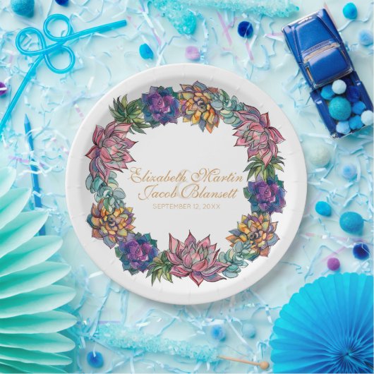 Waterverf Succulent Wreath Bruiloft Papieren Bordje (Feest)