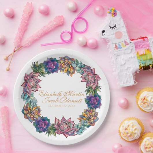 Waterverf Succulent Wreath Bruiloft Papieren Bordje (Feest)