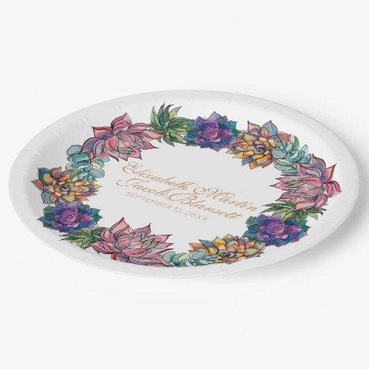 Waterverf Succulent Wreath Bruiloft Papieren Bordje (Gekanteld)