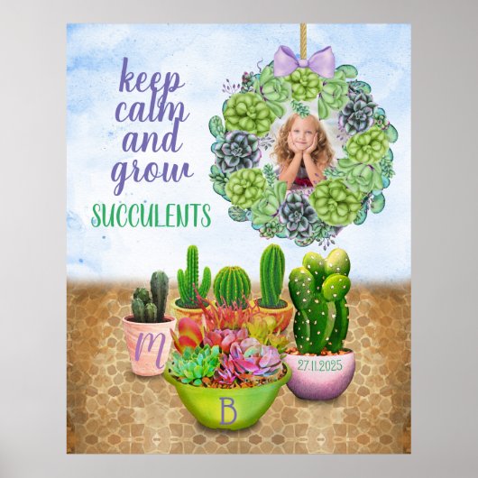 Waterverf Succulent Wreath Cactus Monogram Foto Poster (Voorkant)