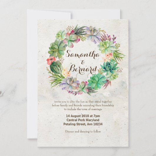 Waterverf Succulent Wreath Wedding Uitnodiging (Voorkant)