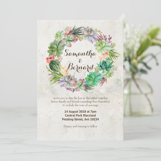 Waterverf Succulent Wreath Wedding Uitnodiging (Staand voorkant)