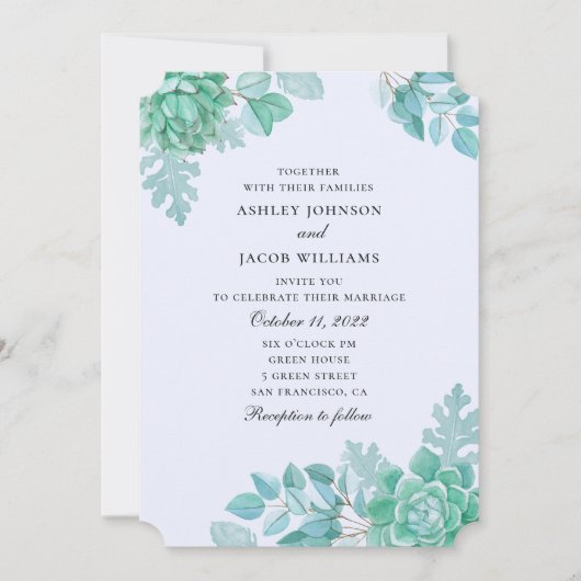 Waterverf succulente bruiloft. Mint en blauwe cact Kaart (Voorkant)