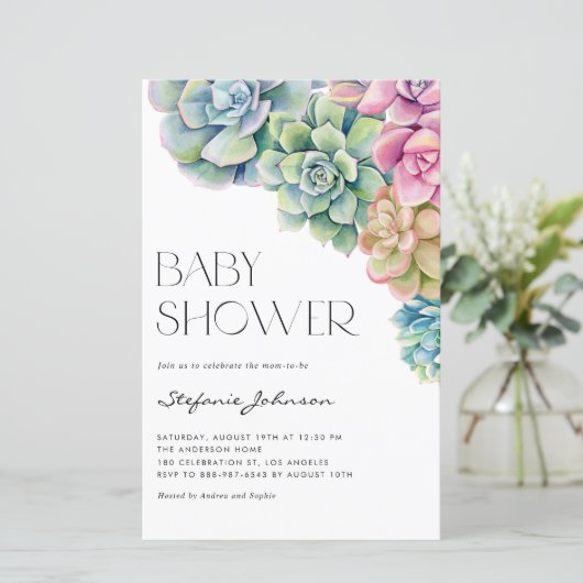 Waterverf Succulenten Baby shower Invitation (Staand voorkant)