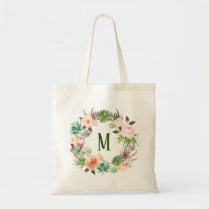 Waterverf succulenten bloemenmonogram bruidsmeisje tote bag