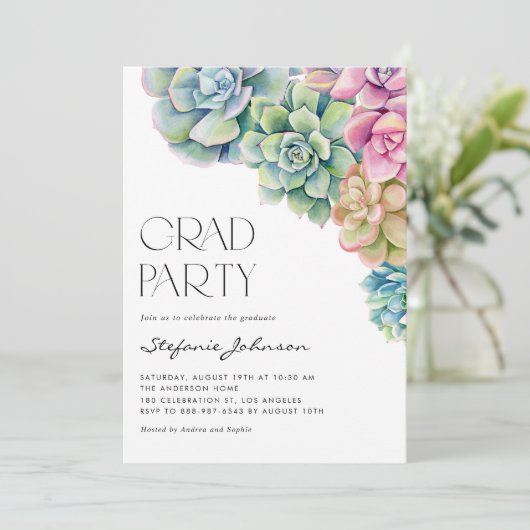 Waterverf Succulenten Boho Afstudeerfeest Kaart (Staand voorkant)