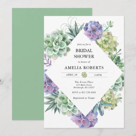 Waterverf Succulenten Bruidsdouche uitnodiging (Voorkant / Achterkant)