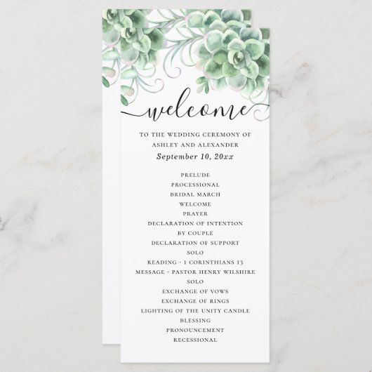 Waterverf succulenten. Floral cactus bruiloft Programmakaart (Voorkant / Achterkant)