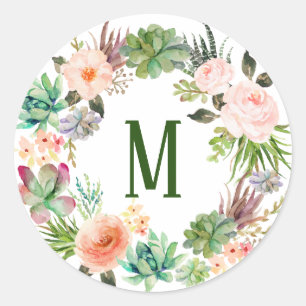 Waterverf Succulenten Floral Wreath Monogram Ronde Sticker