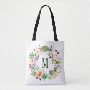 Waterverf Succulenten Floral Wreath Monogram Tote Bag