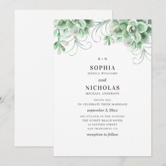 Waterverf succulenten. Grijze cactus bruiloft Kaart (Voorkant / Achterkant)