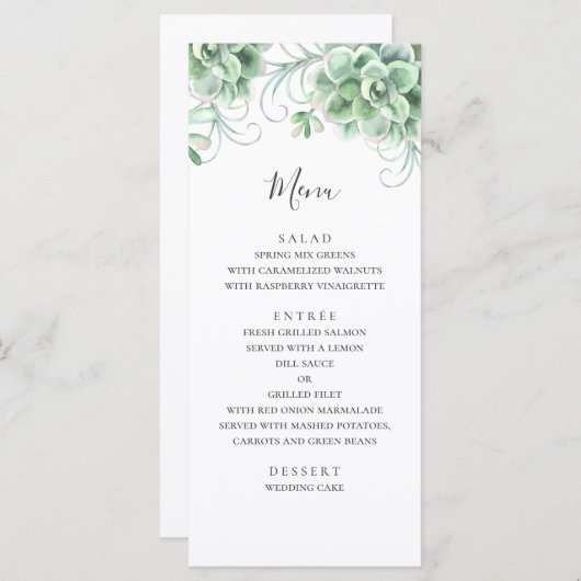 Waterverf succulenten. Grijze cactus bruiloft Menu (Voorkant / Achterkant)