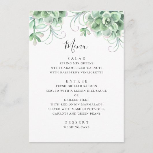 Waterverf succulenten. Grijze cactus bruiloft Menu (Voorkant)