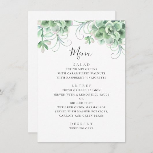 Waterverf succulenten. Grijze cactus bruiloft Menu (Voorkant / Achterkant)