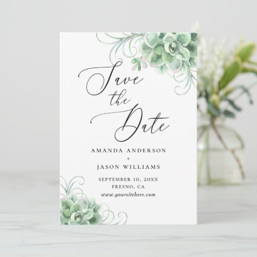 Waterverf succulenten. Groene cactus botanisch Save The Date (Staand voorkant)
