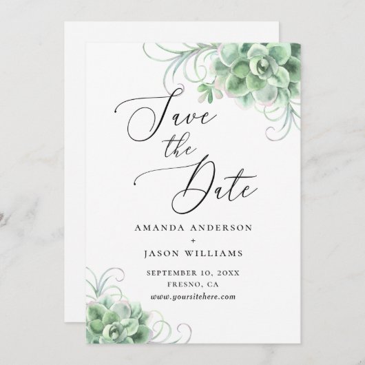 Waterverf succulenten. Groene cactus botanisch Save The Date (Voorkant / Achterkant)