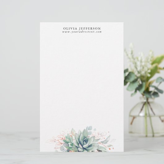 Waterverf Succulenten Roos Goud Groen Elegant Briefpapier (Staand voorkant)