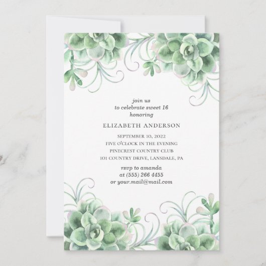 Waterverf succulenten Sweet 16. Groene cactus Kaart (Voorkant)