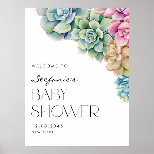 Waterverf Succulenten Zomer Baby shower Welkom Poster (Voorkant)