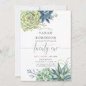 Waterverf Succulents 21st Birthday Party Invite Kaart (Voorkant)