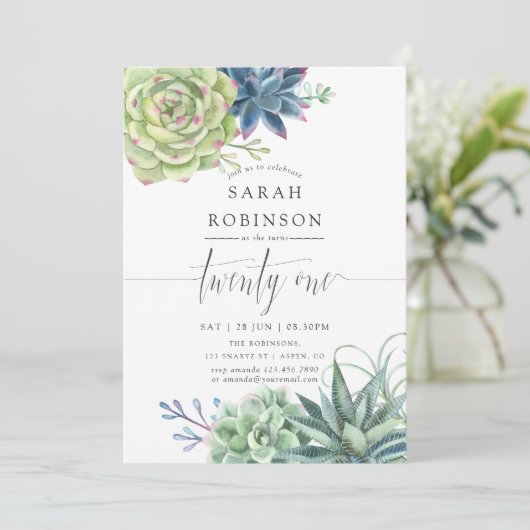 Waterverf Succulents 21st Birthday Party Invite Kaart (Staand voorkant)