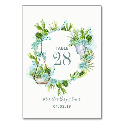 Waterverf Succulents Baby shower Table Number Kaart (Voorkant)