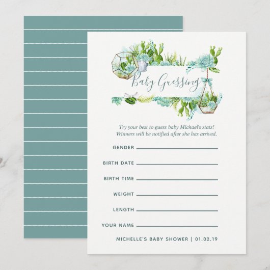 Waterverf Succulents Boy Baby Predictions Game Kaart (Voorkant / Achterkant)