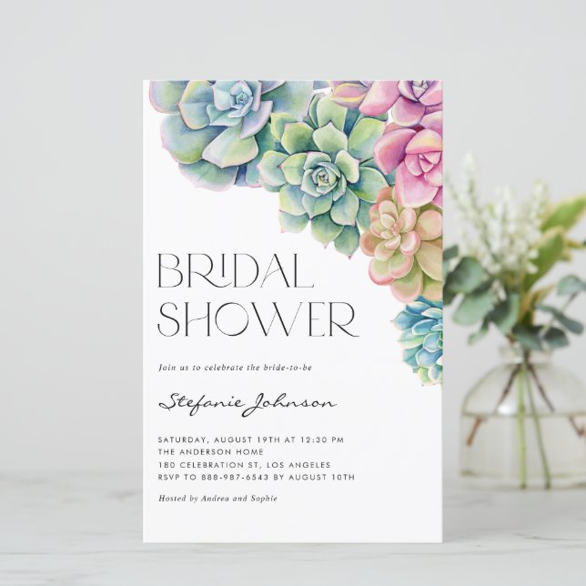 Waterverf Succulents Bridal Shower Invitation (Staand voorkant)