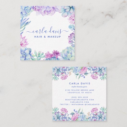 Waterverf Succulents Floral Boho Makeup Artist Vierkante Visitekaartje (Voorkant / Achterkant)