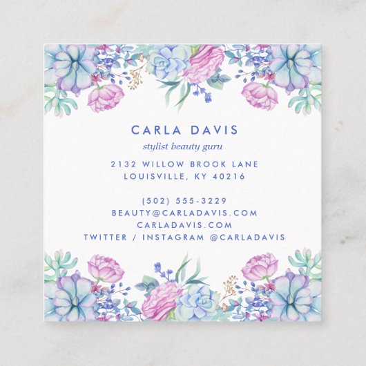 Waterverf Succulents Floral Boho Makeup Artist Vierkante Visitekaartje (Achterkant)