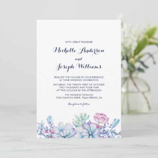 Waterverf Succulents Garden Wedding Invitation Kaart (Staand voorkant)