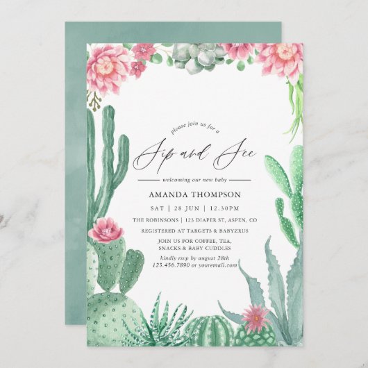 Waterverf Succulents Sip en Zie Kaart (Voorkant / Achterkant)