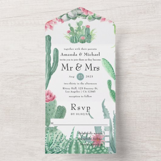 Waterverf Succulents Wedding All In One Uitnodiging (Binnen)