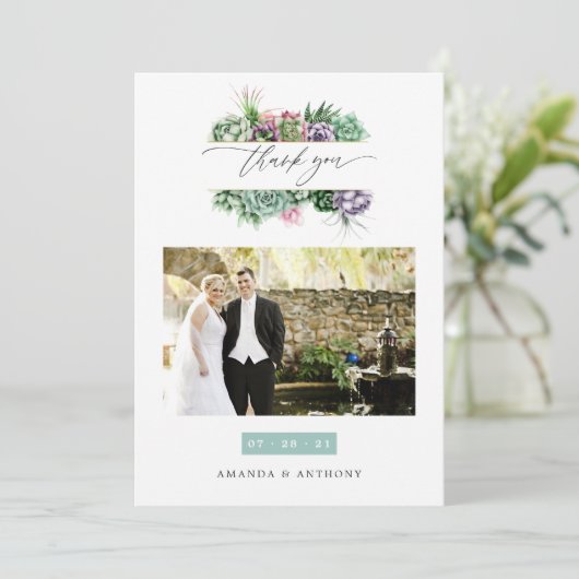 Waterverf Succulents Wedding Photo Bedankkaart (Staand voorkant)