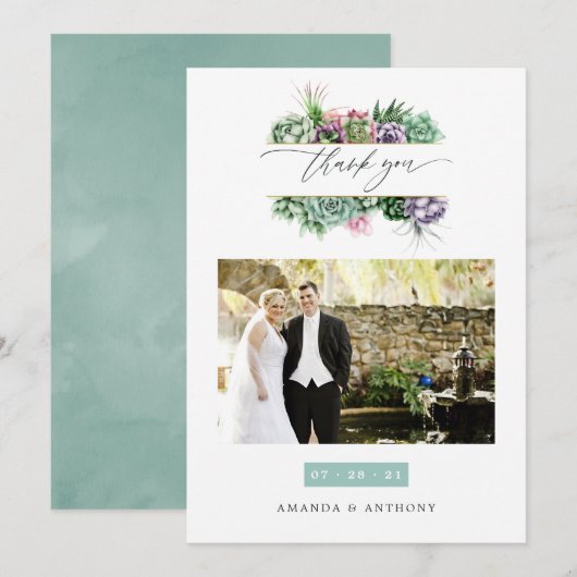 Waterverf Succulents Wedding Photo Bedankkaart (Voorkant / Achterkant)