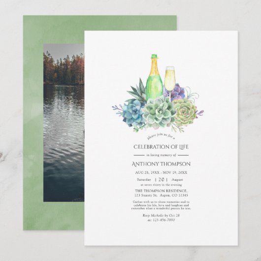 Waterverf Succulents Wine Celebration of Life Kaart (Voorkant / Achterkant)