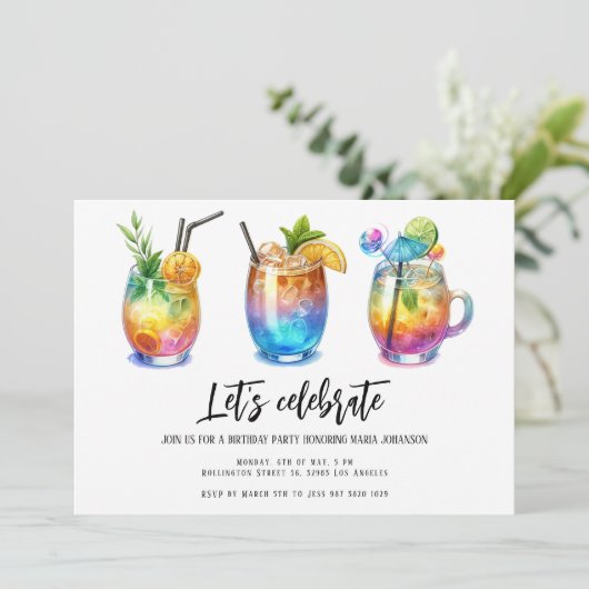 Waterverf Summer Cocktails Birthday Party Kaart (Staand voorkant)