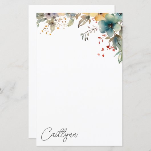 Waterverf Summer Flowers Personalized Stationery (Voorkant / Achterkant)