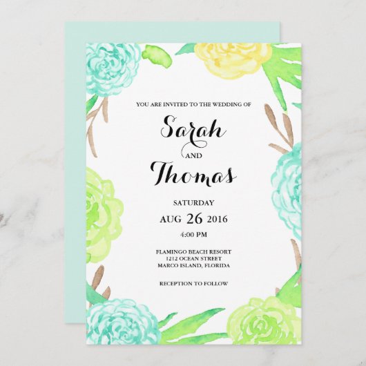 Waterverf Summer Flowers Wedding Kaart (Voorkant / Achterkant)