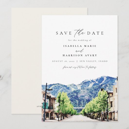 Waterverf Sun Valley Idaho Mountain Save the Date Kaart (Voorkant / Achterkant)