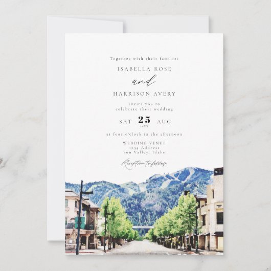 Waterverf Sun Valley Idaho Skyline Town Wedding Kaart (Voorkant)