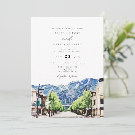 Waterverf Sun Valley Idaho Skyline Town Wedding Kaart (Staand voorkant)