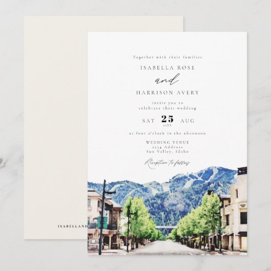 Waterverf Sun Valley Idaho Skyline Town Wedding Kaart (Voorkant / Achterkant)