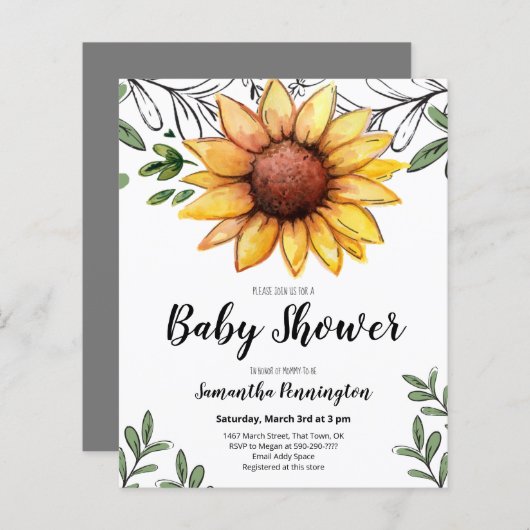 Waterverf Sunflower Baby shower Begrotingsuitnodig (Voorkant / Achterkant)