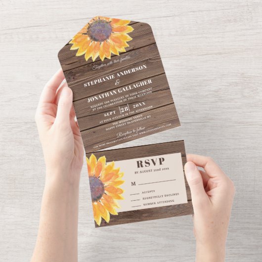 Waterverf Sunflower Barn Wood All In One Uitnodiging (Afscheurbaar)