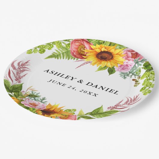 Waterverf Sunflower Boho Floral Wedding Papieren Bordje (Gekanteld)