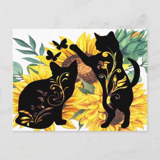 Waterverf Sunflower Bouquet Cat Floral Silhouette Briefkaart (Voorkant)