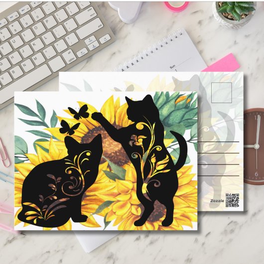 Waterverf Sunflower Bouquet Cat Floral Silhouette Briefkaart