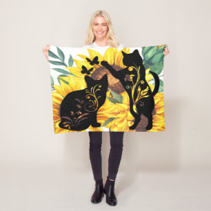Waterverf Sunflower Bouquet Cat Floral Silhouette Fleece Deken